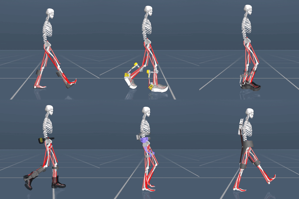 Trained walking policies for six assistive devices on the same musculoskeletal model